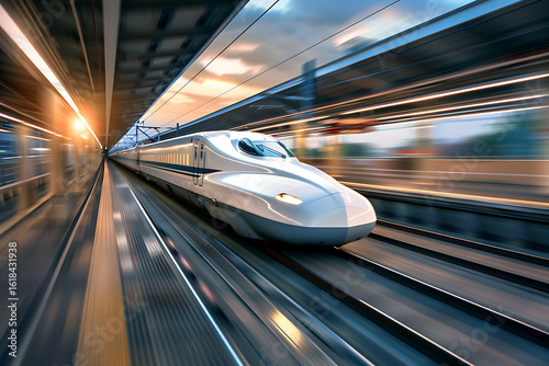 駅を高速通過する未来型の日本の新幹線の躍動感あるシーン