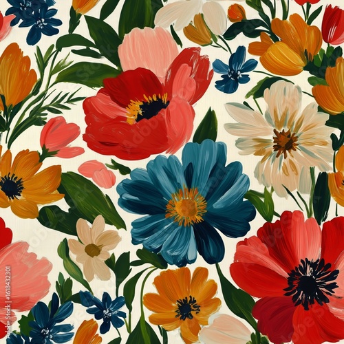Bright Floral Pattern Showcasing Various Flowers Against a Light Background i...