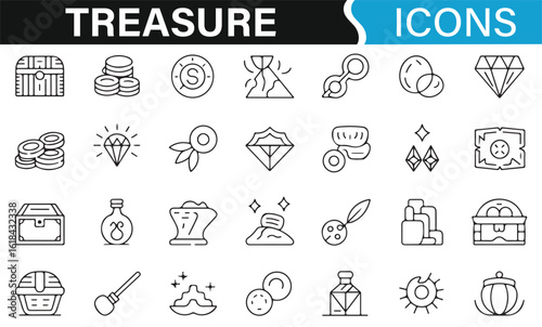 Treasure and riches icons including diamonds, coins, and artifacts
