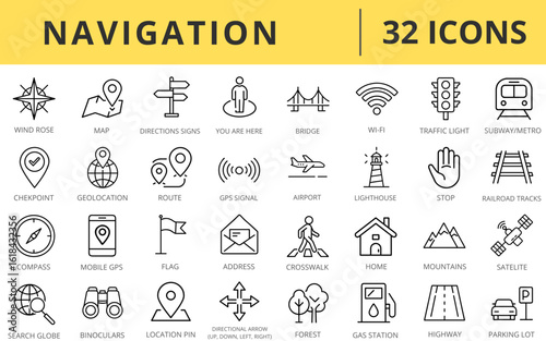 Navigation icons set featuring 32 symbols for maps and directions  