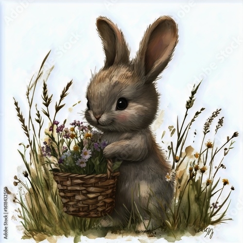 Cute Rabbit Gathering Flowers in a Wicker Basket During Springtime in a Meadow.