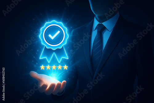 Businessman holding glowing blue certification badge with five stars, representing high quality and trusted service.