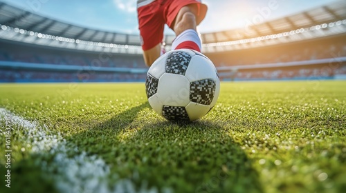 Player Kicks Soccer Ball on Green Field During Sunny Day at Stadium