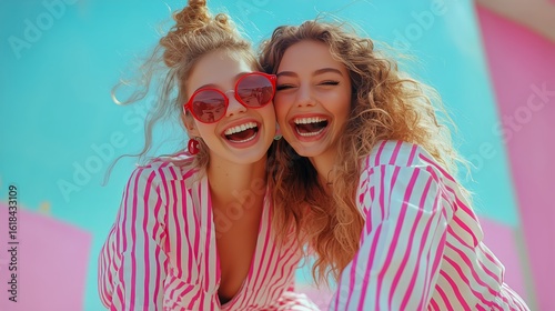 Friends Enjoying a Sunny Day at a Vibrant Location While Wearing Stylish Outf...