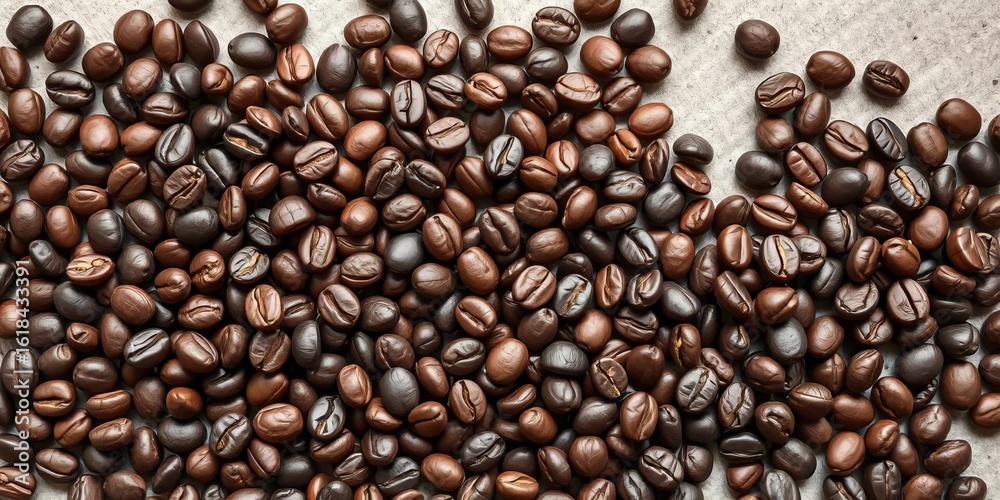 Naklejka premium Dark brown roasted coffee beans viewed from above, scattered on a surface, espresso, top view