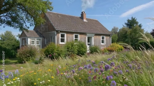 A charming wooden cottage sits amidst a vibrant meadow under a sunny sky.