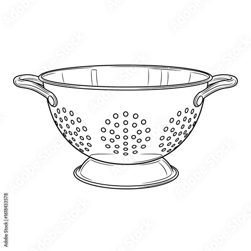 Monochrome vector drawing of a traditional metal colander, a kitchen utensil for straining, in a detailed line art style.