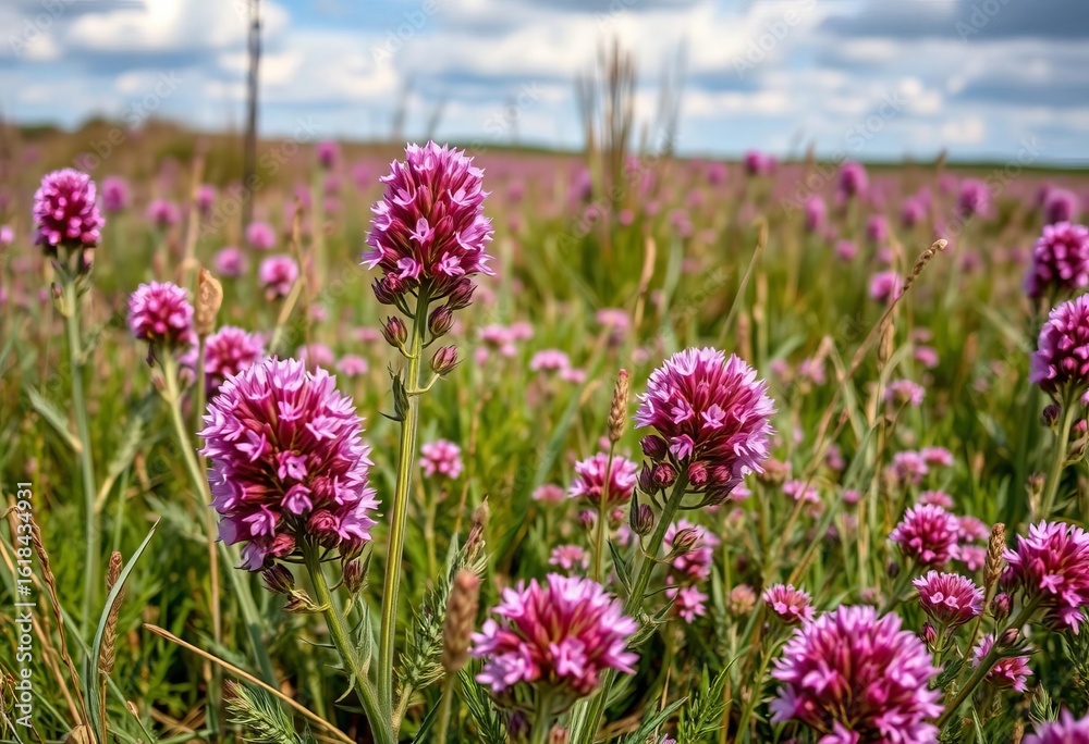 Obraz premium Purple pink heather blooming on Ginkel Heath, Arnhem, Netherlands WWII Operation Market Garden drop zone, pink heather, memorial
