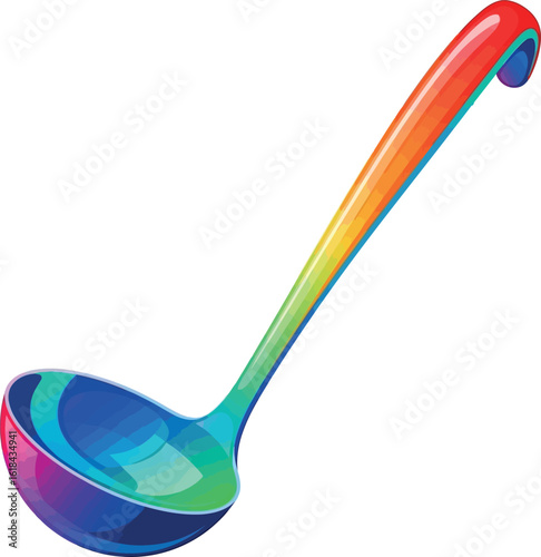 Colorful vector illustration of a rainbow-colored soup ladle with a glossy finish and curved handle, isolated on white.