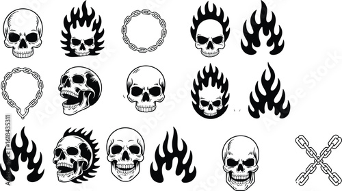 Vector skulls with flaming design elements 