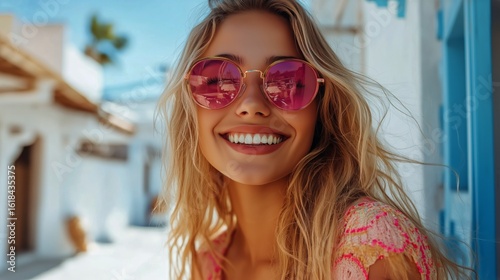Smiling Woman With Pink Sunglasses Enjoying a Sunny Day by the Poolside in a ...