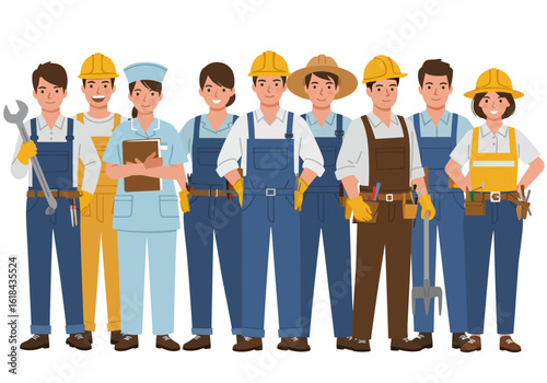 Group of diverse workers in various professions, standing together, smiling, and ready for work.