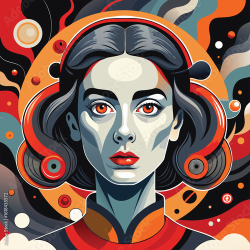 Striking portrait of a woman with intense eyes and dark hair framed by a vibrant, abstract, circular, and colorful background