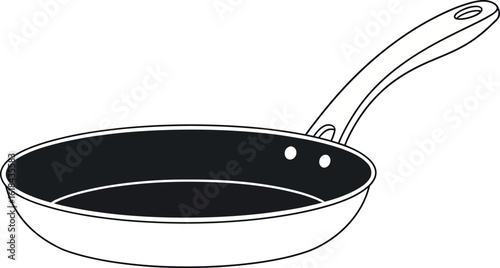 A simple black and white frying pan with a long handle shown in a clean vector illustration, perfect for culinary and kitchenware graphics.