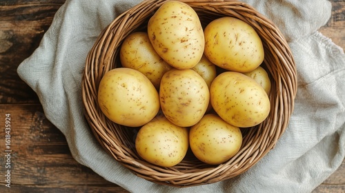 Freshly Harvested Potatoes Displayed in a Woven Basket on a Rustic Wooden Table.