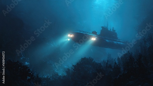 In this deep-sea exploration scene, a high-tech submarine emits a bright searchlight, illuminating a mysterious ancient shipwreck covered in vibrant coral.