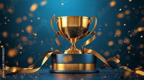 Golden Trophy With Ribbons and Confetti on a Blue Background During an Award ...