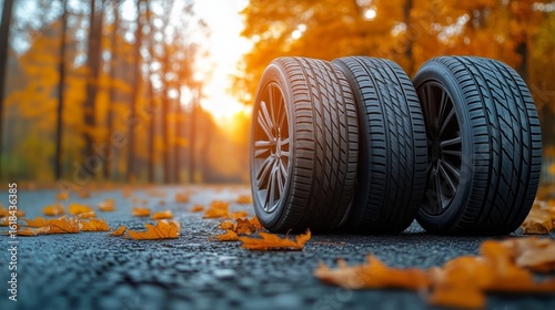Autumn Tires Resting on a Road Surrounded by Colorful Leaves During Sunset.