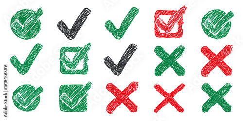 Hand-drawn green and red checkmarks and crosses with scribbled texture