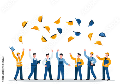 Joyful construction workers celebrate success, tossing hard hats in the air.