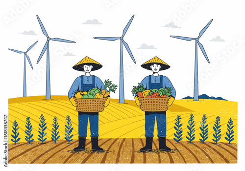 Two farmers holding baskets of harvested vegetables stand in a field with wind turbines.