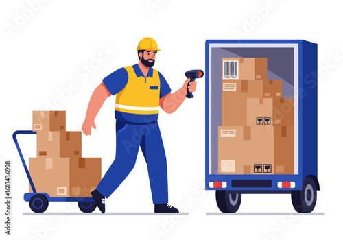 A delivery worker scanning a barcode on a package near a truck.