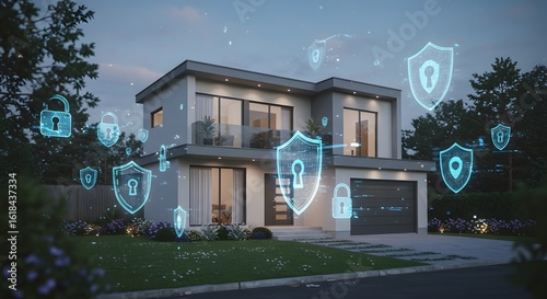 A modern house surrounded by floating digital padlocks and shields, holographic tech elements showing home security systems, futuristic theme