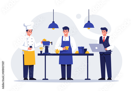 Three men work in a kitchen setting. A chef, a server, and a manager are preparing food and using a laptop.
