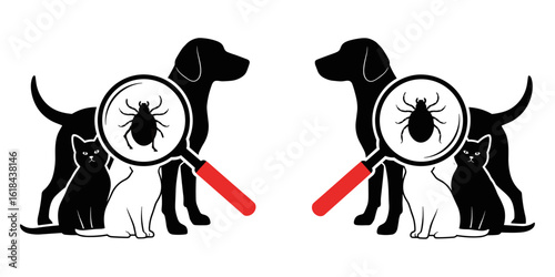 Pet flea and tick inspection concept with dog, cat, magnifying glass, parasite control, veterinary care, pet hygiene illustration