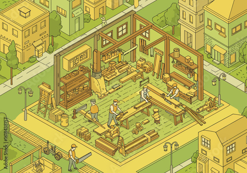 Isometric illustration of a carpentry workshop, showcasing construction and craftsmanship.