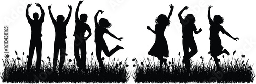 Group of happy people jumping and dancing in nature, silhouette of joyful youth celebrating life in outdoor field scene