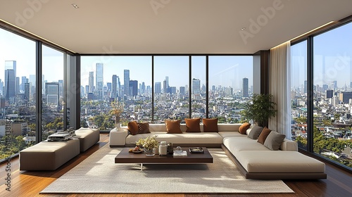 Modern penthouse living room with city views