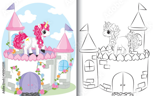 Coloring book Unicorn on the castle.