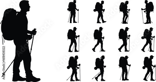 Silhouette of Man Hiking with Backpack and Trekking Poles, Outdoor Adventure, Walking Sequence, Camping Gear, Wilderness Exploration Concept