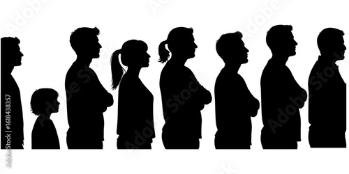 Silhouette of people standing in line side by side, group queueing illustration showing different ages, diversity, patience and waiting