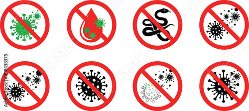 Virus prohibition icons set, no infection symbols with red warning circles, virus prevention illustration, health safety sign vector design