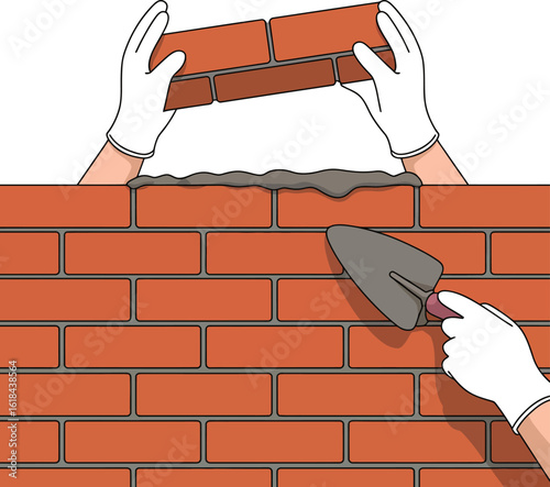 Vector Bricklaying Hands: Mason at Work with Trowel and Mortar.