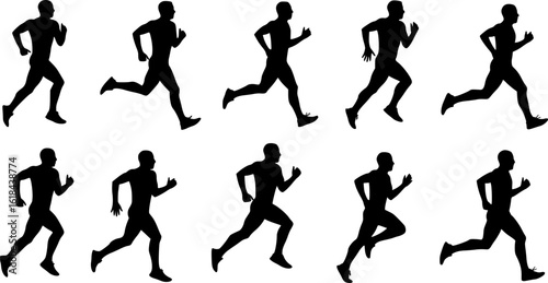 Silhouettes of various people running in different poses. Ideal for fitness, sports, and health-related themes.
