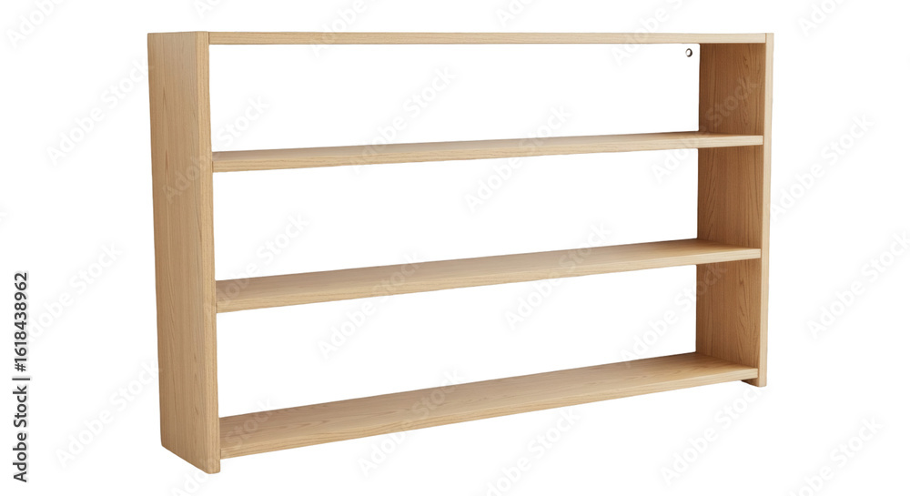 Light beige wooden wall-mounted shelving unit. Light beige wooden wall-mounted shelving unit.