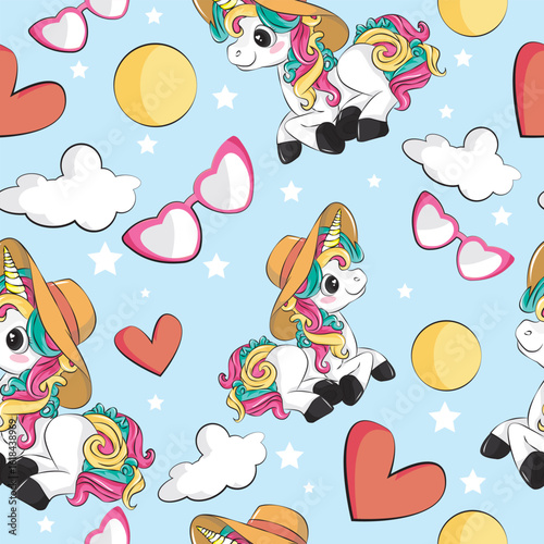 Little Princess unicorn with summer hat.Beautiful multi-colored pattern.illustration with unicorn, eyeglasses, rainbow hair and cute summer elements.