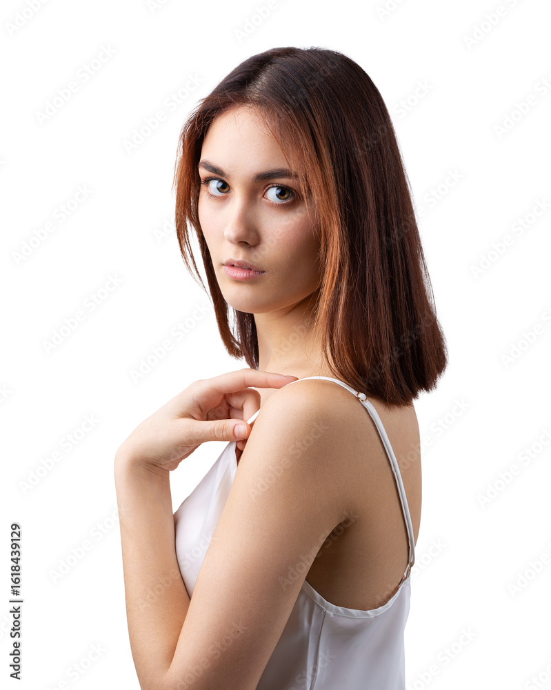 Fototapeta premium Beautiful smiling woman with clean skin, natural make-up and white teeth on a gray background