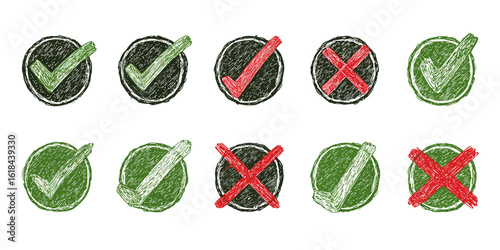 Hand-Drawn Check Marks and Crosses in Green and Red Circles, Grunge Style