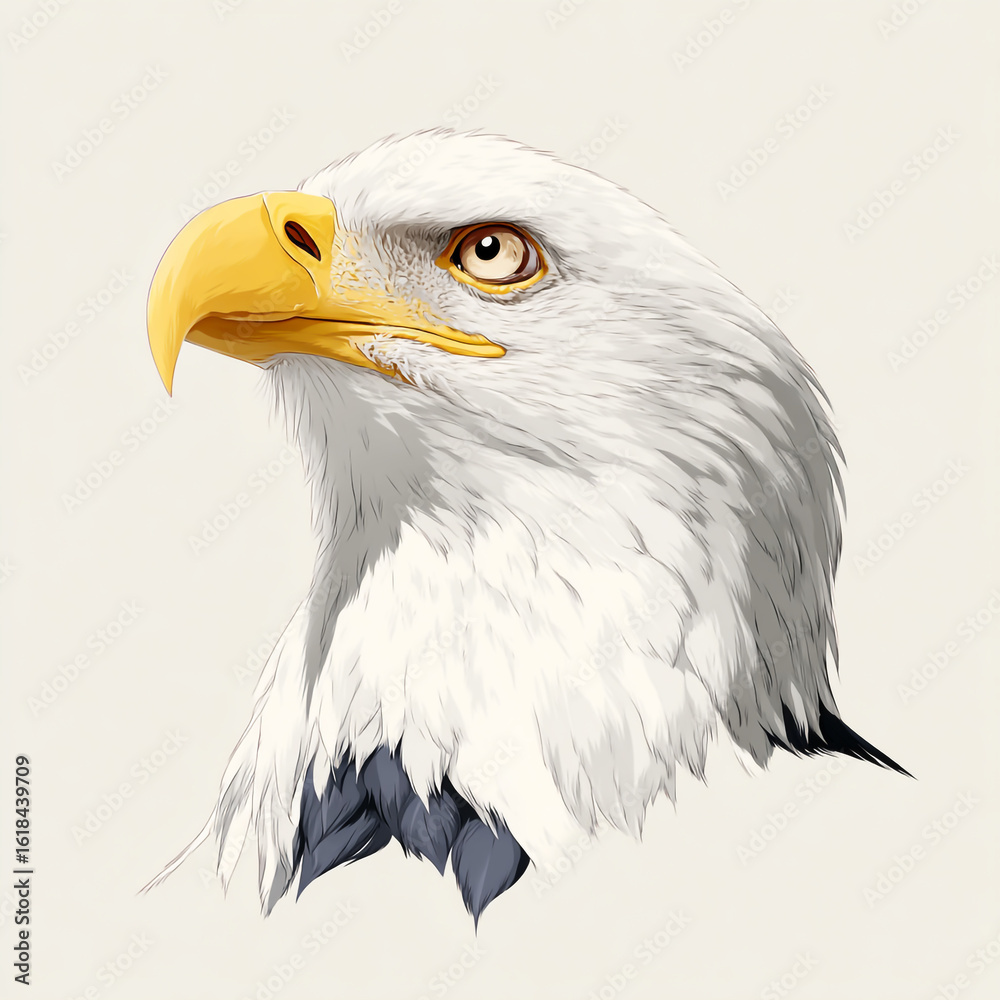 Obraz premium A portrait of a bald eagle with a yellow beak isolated on white background