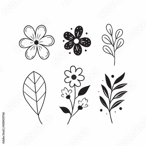 Set of floral and leaf doodle lineart design element 2