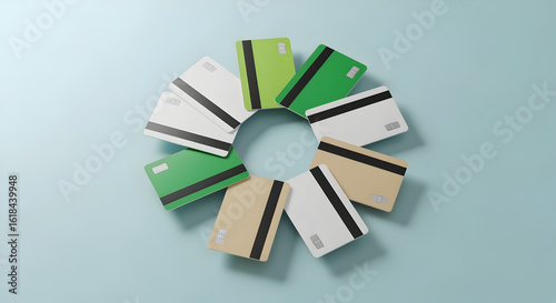 Arrangement of White Green and Gold Cards in a Circular Layout on Light Blue Backdrop