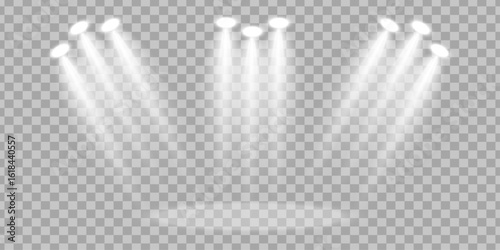 Spotlights shine on a transparent background. Flickering light effect.