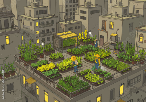 Rooftop garden scene with people tending to plants amidst city buildings at night.