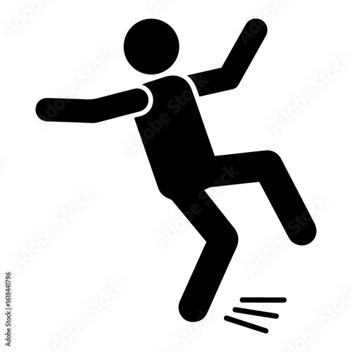 Silhouette vector illustration depicting a stick figure slipping and falling with arms outstretched out on transparent background