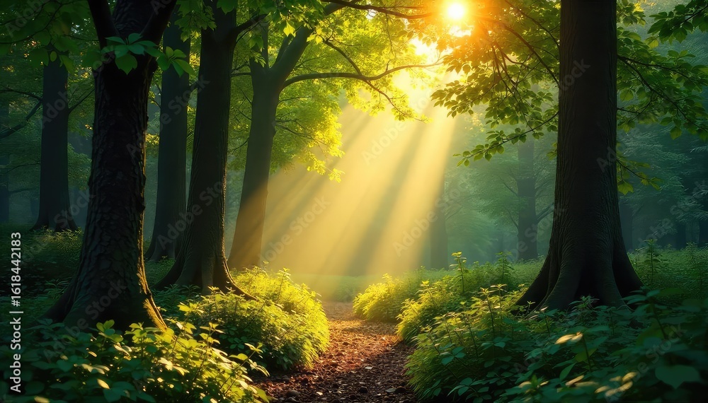 Obraz premium Golden sunbeams piercing through gaps in a lush forest canopy, illuminating the forest floor with dappled light Perfect for nature, environmental, and serenity themes , ray, golden, sunray
