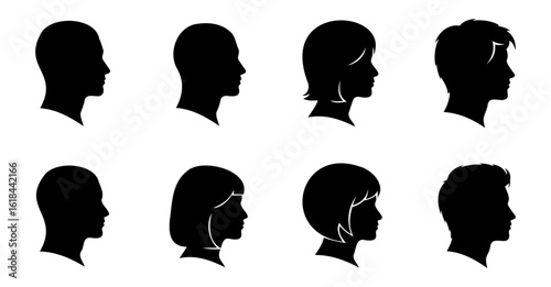 Silhouette vector silhouette profiles of people with different hairstyles in a side view format on transparent background